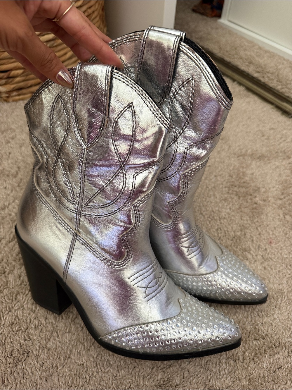 Aldo Silver Metallic Western Ankle Boots with Studded Toe